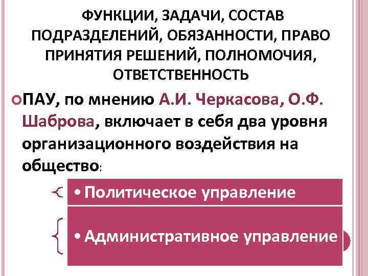 ФУНКЦИИ, ЗАДАЧИ, СОСТАВ ПОДРАЗДЕЛЕНИЙ, ОБЯЗАННОСТИ, ПРАВО ПРИНЯТИЯ РЕШЕНИЙ, ПОЛНОМОЧИЯ, ОТВЕТСТВЕННОСТЬ ПАУ, по мнению А.