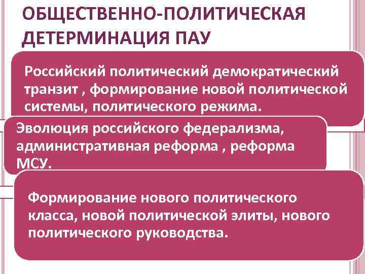 ОБЩЕСТВЕННО-ПОЛИТИЧЕСКАЯ ДЕТЕРМИНАЦИЯ ПАУ Российский политический демократический транзит , формирование новой политической системы, политического режима.