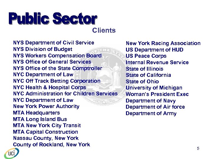 Clients NYS Department of Civil Service NYS Division of Budget NYS Workers Compensation Board