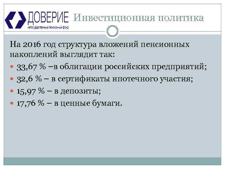  Инвестиционная политика На 2016 год структура вложений пенсионных накоплений выглядит так: 33, 67