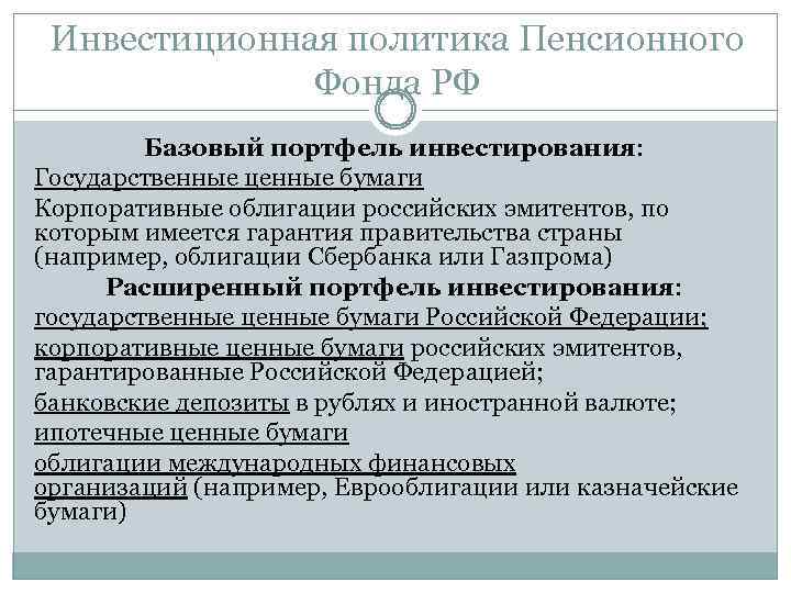 Инвестиционная политика Пенсионного Фонда РФ Базовый портфель инвестирования: Государственные ценные бумаги Корпоративные облигации российских