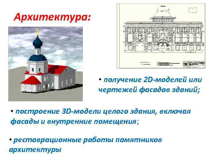 Архитектура: • получение 2 D-моделей или чертежей фасадов зданий; • построение 3 D-модели целого