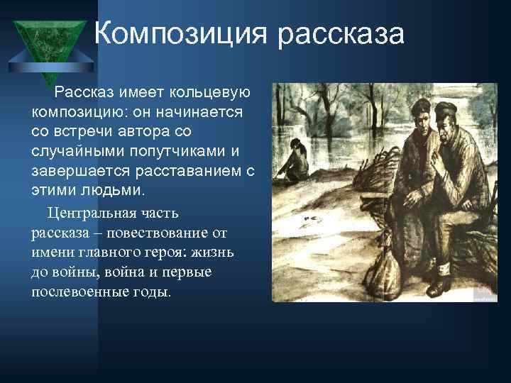 Композиция рассказа Рассказ имеет кольцевую композицию: он начинается со встречи автора со случайными попутчиками