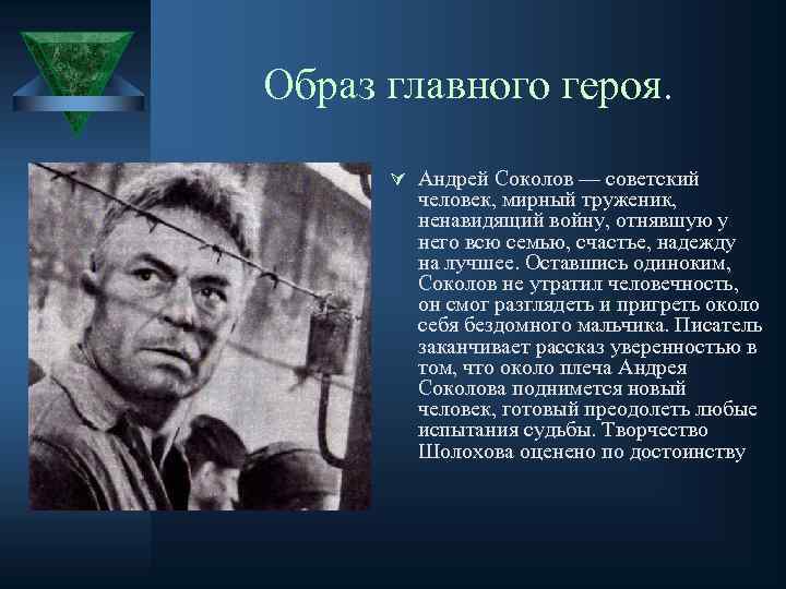 Образ главного героя. Ú Андрей Соколов — советский человек, мирный труженик, ненавидящий войну, отнявшую