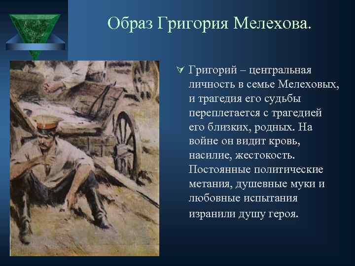 Образ Григория Мелехова. Ú Григорий – центральная личность в семье Мелеховых, и трагедия его