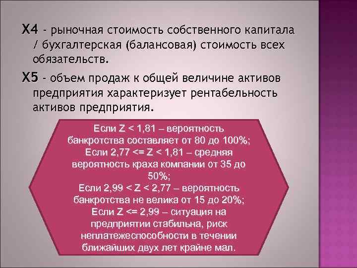 X 4 - рыночная стоимость собственного капитала / бухгалтерская (балансовая) стоимость всех обязательств. Х