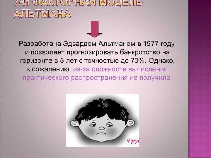 7 -И ФАКТОРНАЯ МОДЕЛЬ АЛЬТМАНА Разработана Эдвардом Альтманом в 1977 году и позволяет прогнозировать