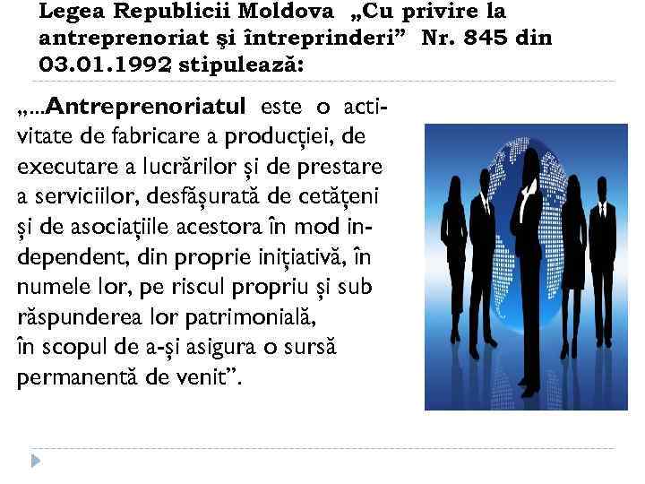 Legea Republicii Moldova „Cu privire la antreprenoriat şi întreprinderi” Nr. 845 din 03. 01.