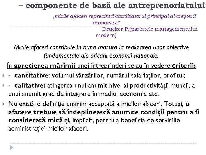 – componente de bază ale antreprenoriatului „micile afaceri reprezintă catalizatorul principal al creşterii economice”