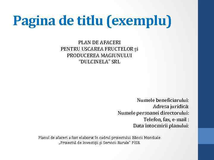 Pagina de titlu (exemplu) PLAN DE AFACERI PENTRU USCAREA FRUCTELOR și PRODUCEREA MAGIUNULUI “DULCINELA”