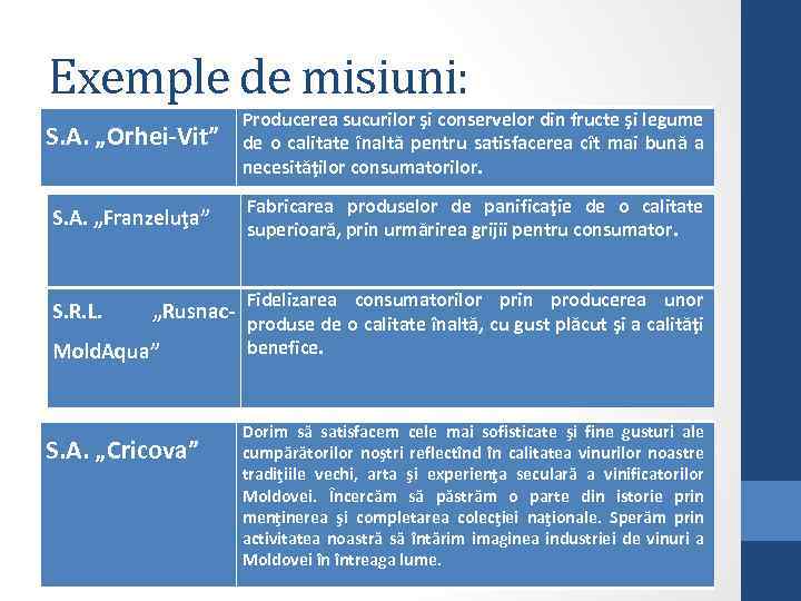 Exemple de misiuni: S. A. „Orhei-Vit” Producerea sucurilor şi conservelor din fructe şi legume