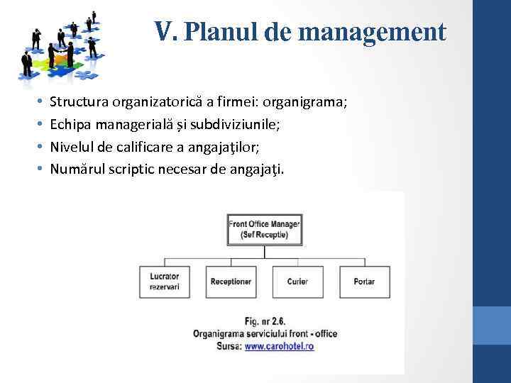 V. Planul de management • • Structura organizatorică a firmei: organigrama; Echipa managerială și