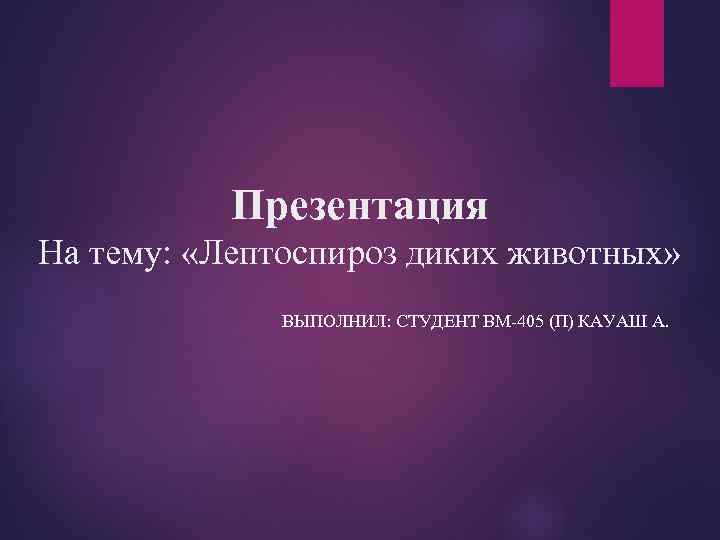 Презентация На тему: «Лептоспироз диких животных» ВЫПОЛНИЛ: СТУДЕНТ ВМ-405 (П) КАУАШ А. 