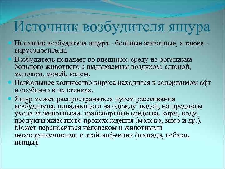 Источник возбудителя ящура больные животные, а также вирусоносители. Возбудитель попадает во внешнюю среду из