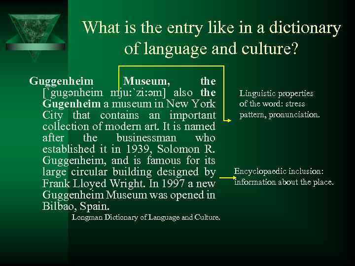 What is the entry like in a dictionary of language and culture? Guggenheim Museum,