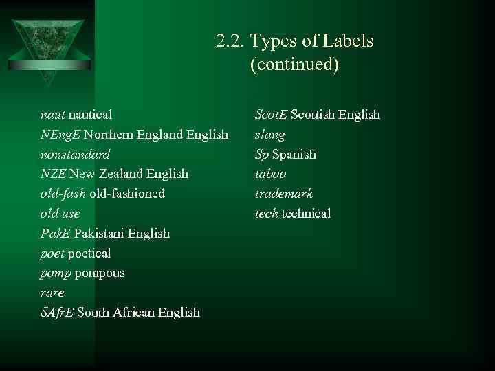 2. 2. Types of Labels (continued) nautical NEng. E Northern England English nonstandard NZE