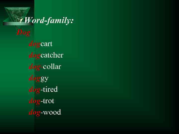 ÚWord-family: Dog dogcart dogcatcher dog-collar doggy dog-tired dog-trot dog-wood 