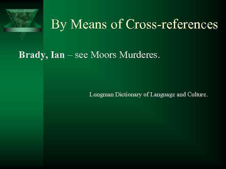 By Means of Cross-references Brady, Ian – see Moors Murderes. Longman Dictionary of Language