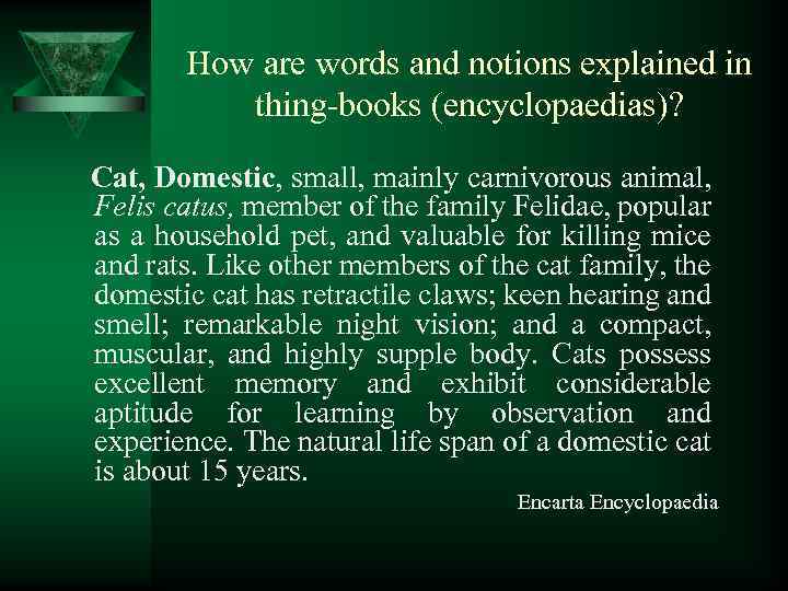 How are words and notions explained in thing-books (encyclopaedias)? Cat, Domestic, small, mainly carnivorous