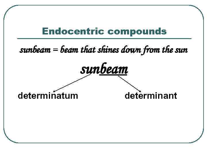 Endocentric compounds sunbeam = beam that shines down from the sunbeam determinatum determinant 