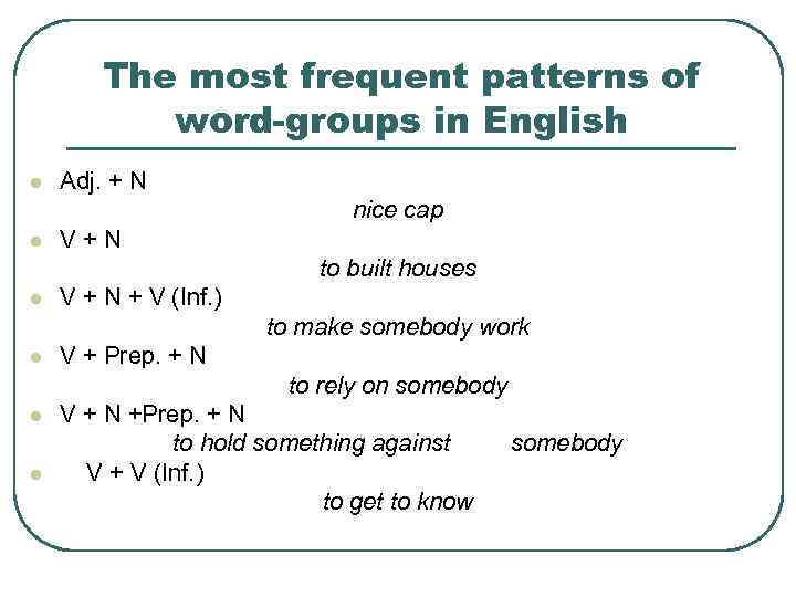 The most frequent patterns of word-groups in English l Adj. + N nice cap