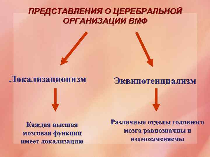 ПРЕДСТАВЛЕНИЯ О ЦЕРЕБРАЛЬНОЙ ОРГАНИЗАЦИИ ВМФ Локализационизм Каждая высшая мозговая функции имеет локализацию Эквипотенциализм Различные