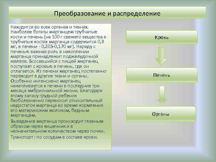 Преобразование и распределение Находится во всех органах и тканях. Наиболее богаты марганцем трубчатые кости