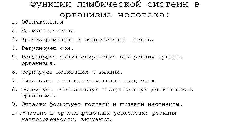 1. 2. 3. 4. 5. Функции лимбической системы в организме человека: Обонятельная Коммуникативная. Кратковременная