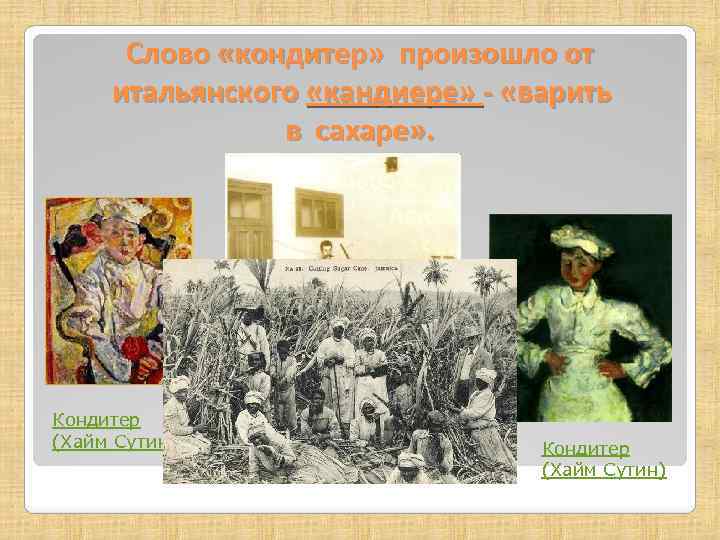 Слово «кондитер» произошло от итальянского «кандиере» - «варить в сахаре» . Кондитер (Хайм Сутин)