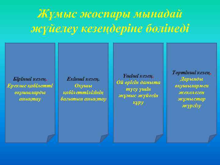 Жұмыс жоспары мынадай жүйелеу кезеңдеріне бөлінеді Бірінші кезең. Ерекше қабілетті оқушыларды анықтау Екінші кезең.