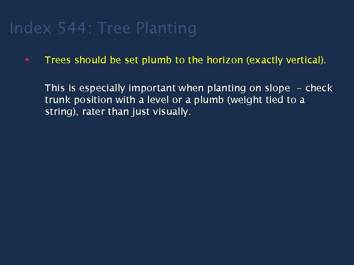 Index 544: Tree Planting w Trees should be set plumb to the horizon (exactly