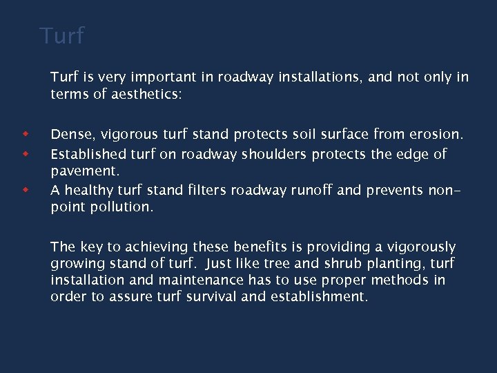 Turf is very important in roadway installations, and not only in terms of aesthetics: