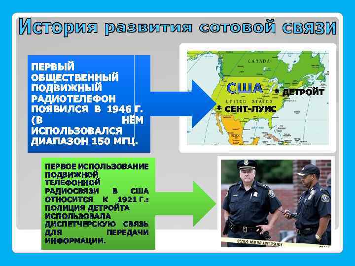 ПЕРВЫЙ ОБЩЕСТВЕННЫЙ ПОДВИЖНЫЙ РАДИОТЕЛЕФОН ПОЯВИЛСЯ В 1946 Г. (В НЁМ ИСПОЛЬЗОВАЛСЯ ДИАПАЗОН 150 МГЦ.