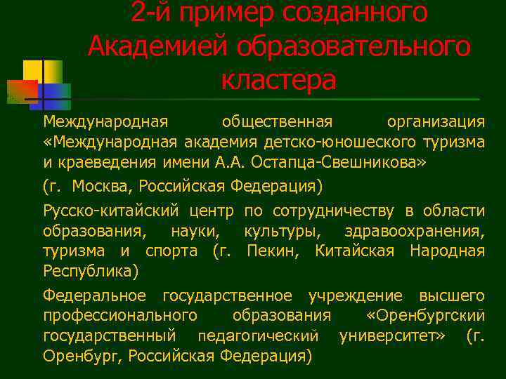 2 -й пример созданного Академией образовательного кластера Международная общественная организация «Международная академия детско-юношеского туризма