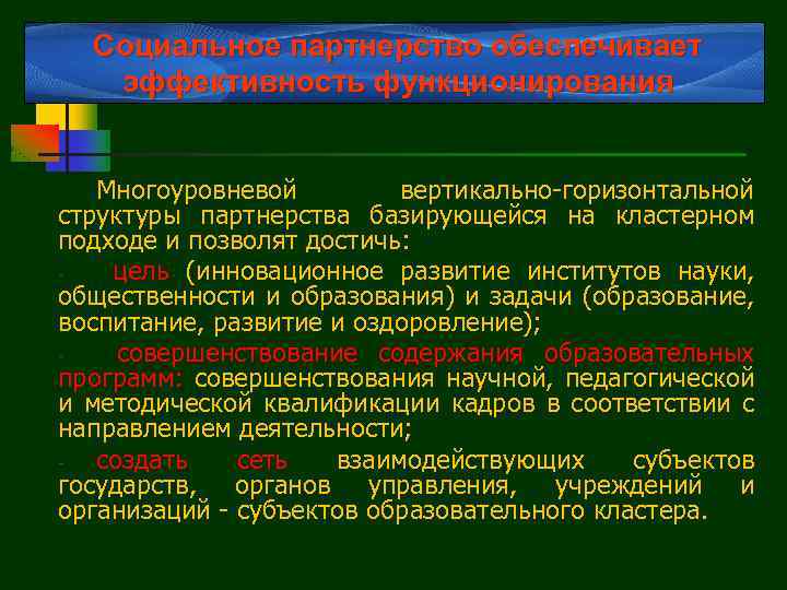 Социальное партнерство обеспечивает эффективность функционирования Многоуровневой вертикально-горизонтальной структуры партнерства базирующейся на кластерном подходе и
