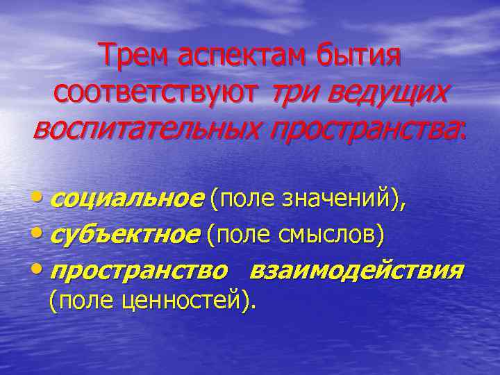 Трем аспектам бытия соответствуют три ведущих воспитательных пространства: • социальное (поле значений), • субъектное