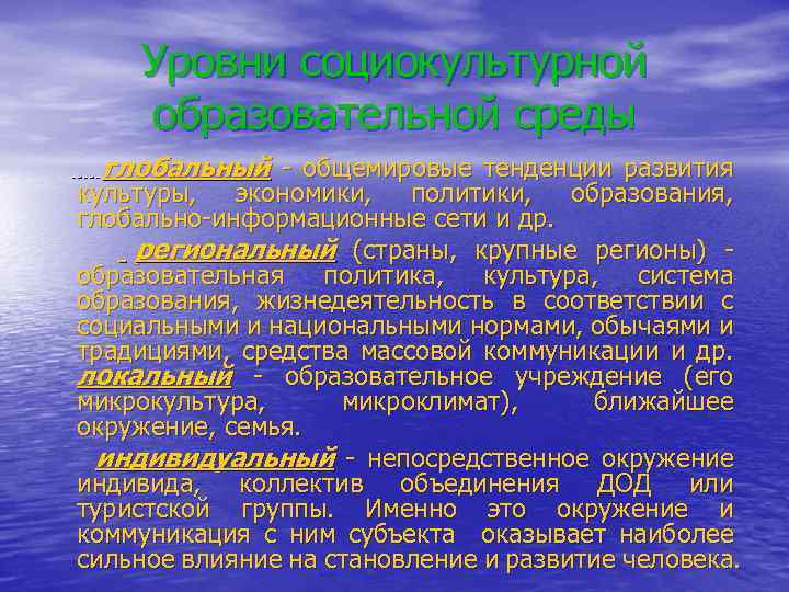 Уровни социокультурной образовательной среды глобальный - общемировые тенденции развития культуры, экономики, политики, образования, глобально-информационные