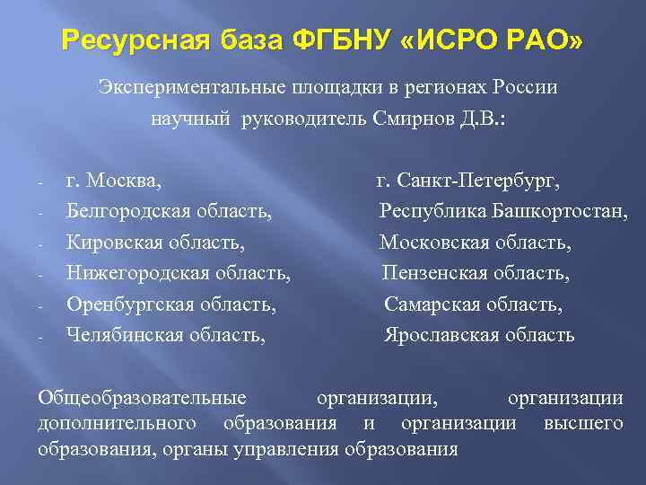 Ресурсная база ФГБНУ «ИСРО РАО» Экспериментальные площадки в регионах России научный руководитель Смирнов Д.