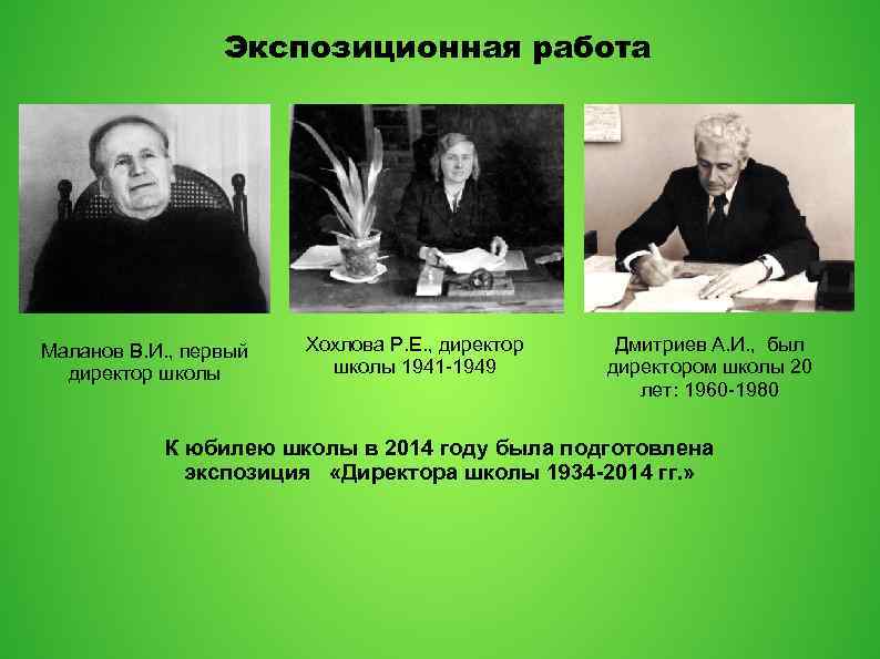 Экспозиционная работа Маланов В. И. , первый директор школы Хохлова Р. Е. , директор