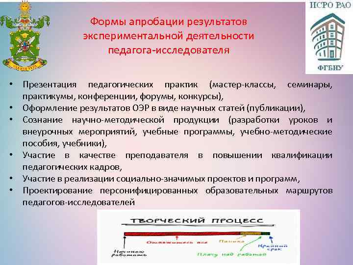 Формы апробации результатов экспериментальной деятельности педагога-исследователя • Презентация педагогических практик (мастер-классы, семинары, практикумы, конференции,