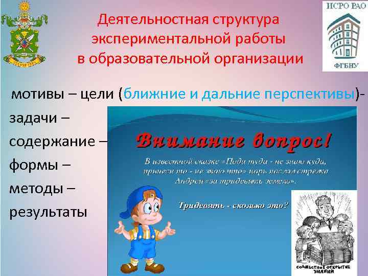 Деятельностная структура экспериментальной работы в образовательной организации мотивы – цели (ближние и дальние перспективы)-
