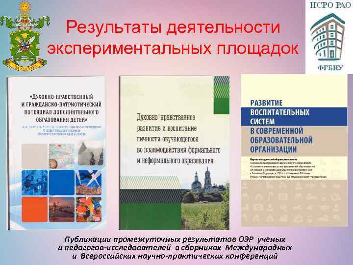 Результаты деятельности экспериментальных площадок Публикации промежуточных результатов ОЭР ученых и педагогов-исследователей в сборниках Международных