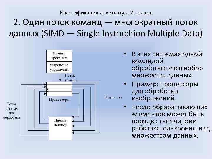 Классификация архитектур. 2 подход 2. Один поток команд — многократный поток данных (SIMD —