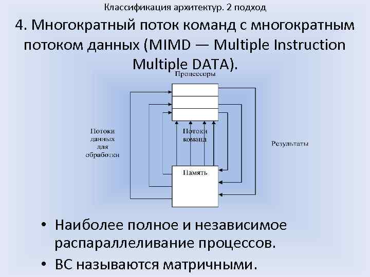 Классификация архитектур. 2 подход 4. Многократный поток команд с многократным потоком данных (MIMD —