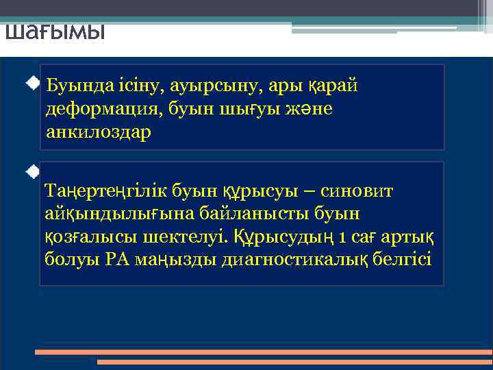 шағымы Буында ісіну, ауырсыну, ары қарай деформация, буын шығуы және анкилоздар Таңертеңгілік буын құрысуы