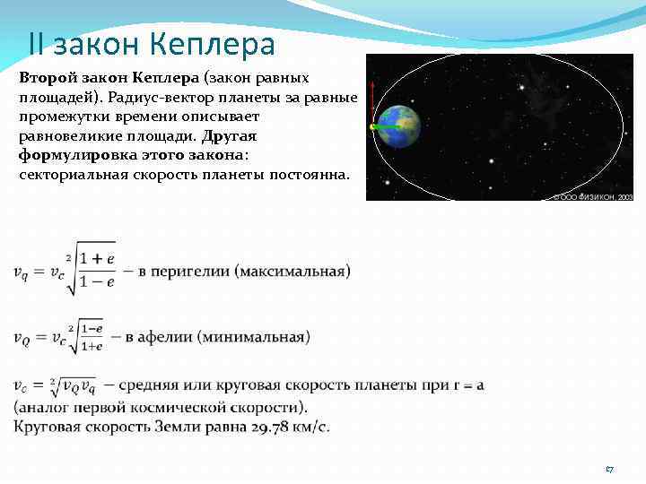 II закон Кеплера Второй закон Кеплера (закон равных площадей). Радиус-вектор планеты за равные промежутки