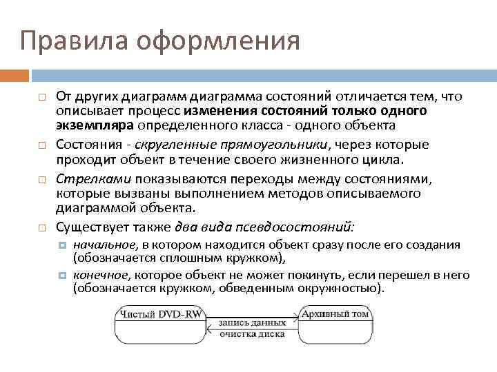 Правила оформления От других диаграмма состояний отличается тем, что описывает процесс изменения состояний только