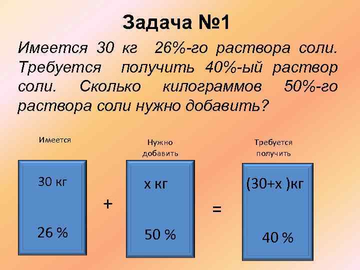 Задача № 1 Имеется 30 кг 26%-го раствора соли. Требуется получить 40%-ый раствор соли.