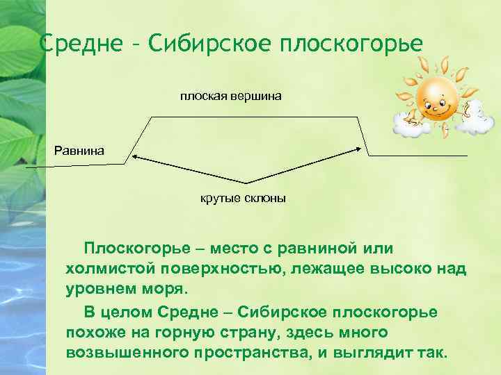 Средне – Сибирское плоскогорье плоская вершина Равнина крутые склоны Плоскогорье – место с равниной