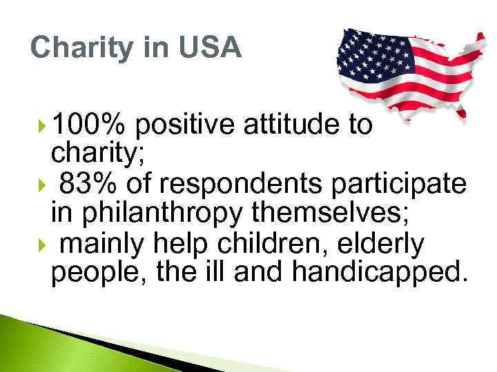 Charity in USA 100% positive attitude to charity; 83% of respondents participate in philanthropy